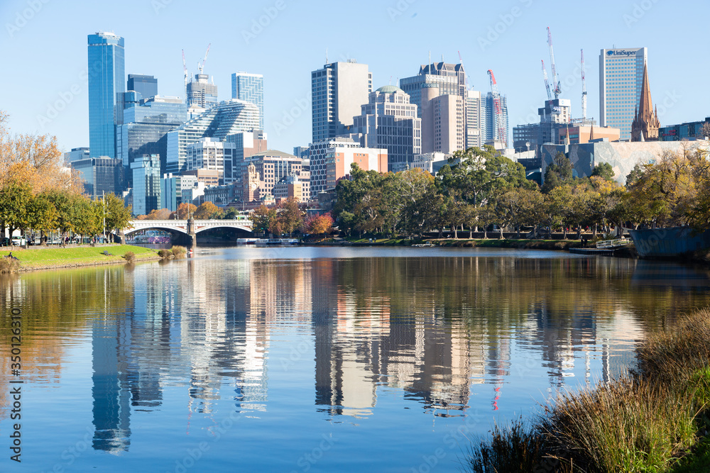 Looking down the Yarra River towards the CBD as the Melbourne autumn season begins