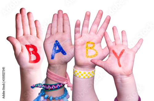Children Hands Building Colorful English Word Baby. White Isolated Background