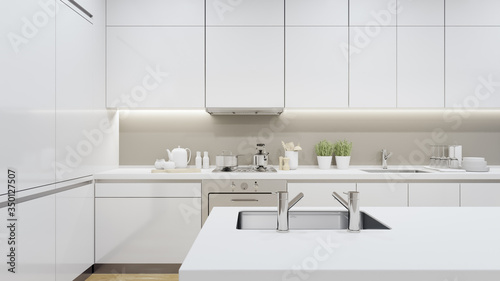 Cabinet of modern kitchen in luxury house. Home interior 3d rendering with white top counter.