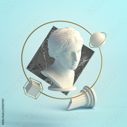 3d-illustration of an abstract composition of Nymph sculpture and primitive objects photo