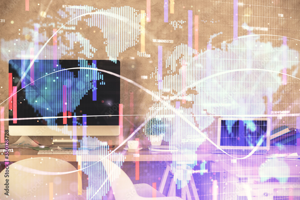 Double exposure of business theme drawing and office interior background. Concept of success