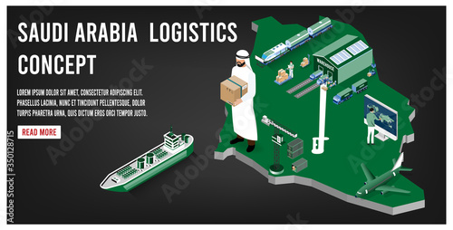 Modern isometric concept of Saudi Arabia transportation with Global Logistics, Warehouse Logistics, Sea Freight Logistics. 
Easy to edit and customize. Vector illustration