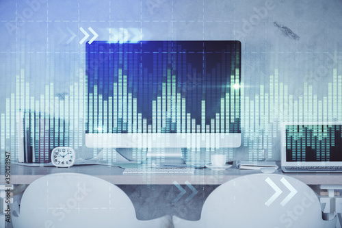 Multi exposure of stock market chart drawing and office interior background. Concept of financial analysis.