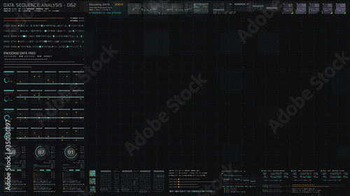 Futuristic hi-tech graphic user interface head up display with digital code and data info graphic telemetry information display for desktop screen background