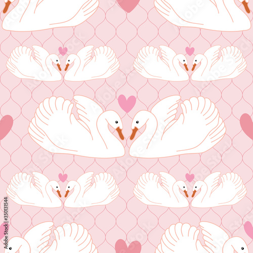 Swan couple with hearts seamless pattern