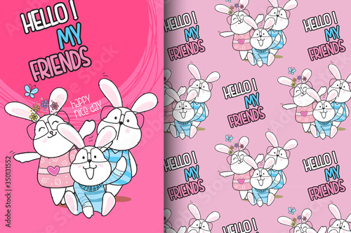 Happy bunny cute animal cartoon seamless pattern