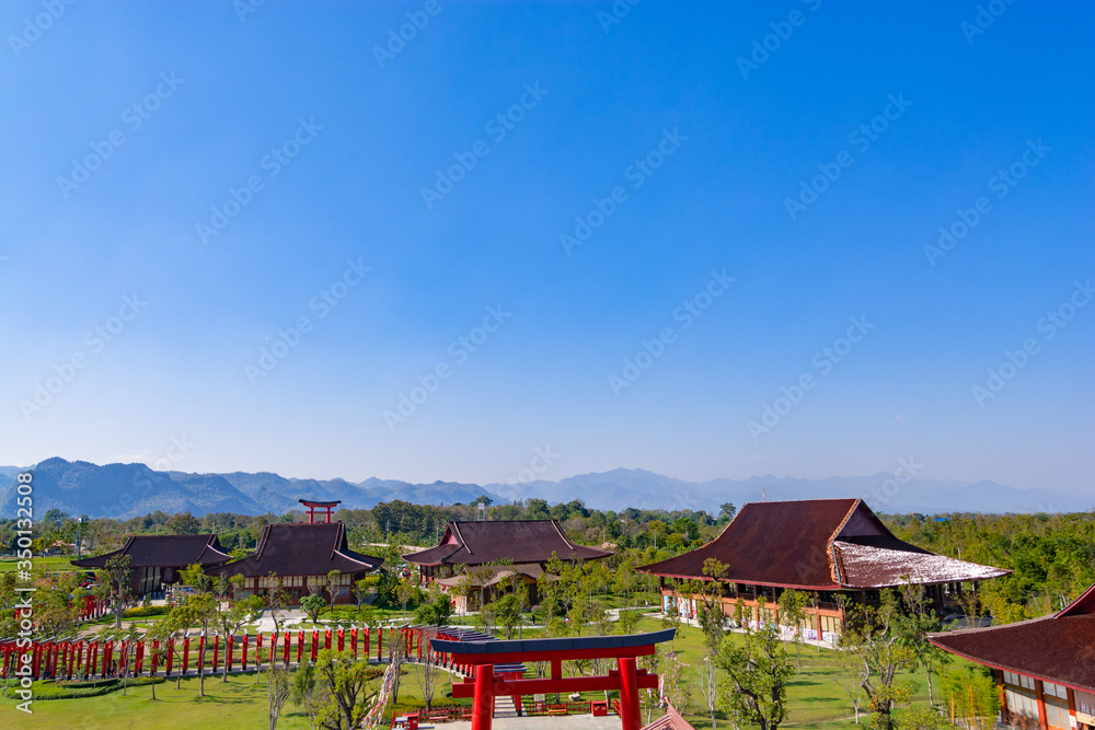 Japanase Culture Hinoki Town in Chiang Mai Thailand.Bird's eye view of the ancient city of Japan Against the blue sky