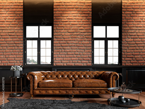 Loft interior with chester sofa, brick wall, panel, carpet and decor. 3d render illustration mock up.