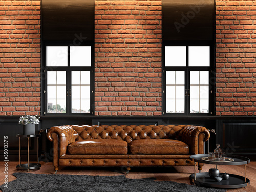 Fotografía Loft interior with chester sofa, brick wall, panel, carpet and decor