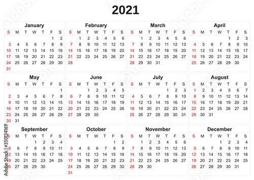 2021 annual calendar with white background.