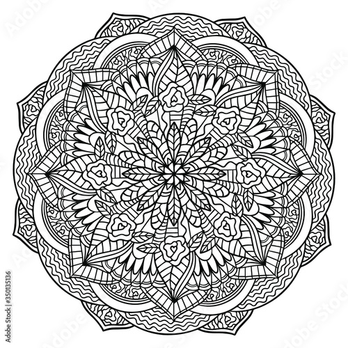 Beautiful floral mandala with leaves for coloring book for adults. Vector outline illustration for art therapy. Isolated line art with doodle and pattern for relaxing at home.