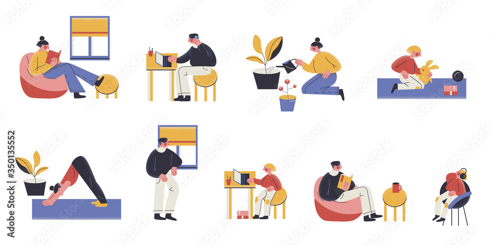 People staying at home during coronavirus pandemic vector illustration