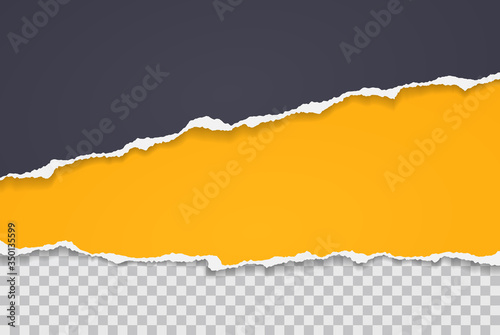 Torn, ripped pieces of horizontal yellow and black paper with soft shadow are on white squared background for text. Vector illustration