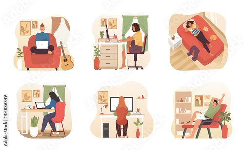 People work and study at home. Freelancer character working on laptop or computer at home with comfortable workplace