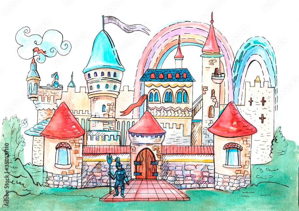 Little fairy castle with rainbows isolated on the white background. Hand drawn watercolor illustration