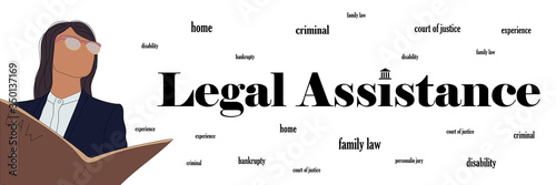 Legal assistance services landing page flat horizontal banner. Lawyer with text
court of justice,  family law, criminal. Professional advisers vector illustration   