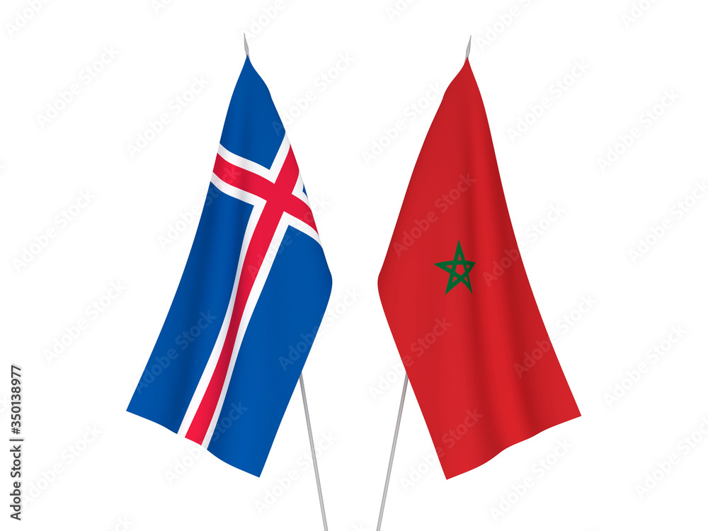 National fabric flags of Morocco and Iceland isolated on white background. 3d rendering illustration.