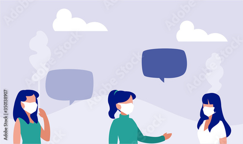 women with medical mask, precautions by coronavirus, social distancing