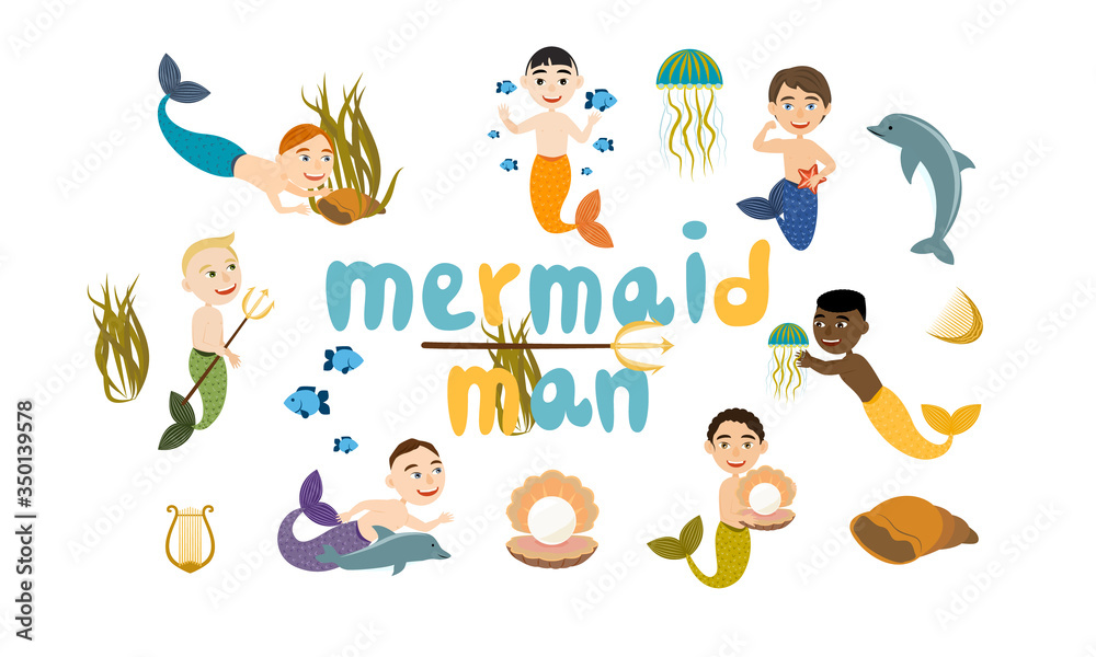 Set of mermaids man. Merman get pearls, play with dolphins, swim, holds a trident. Cute vector collection