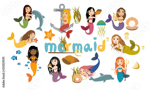 Set of mermaids with long hair. Mermaid get pearls, play with dolphins, swim, sit at anchor, play the harp and shell. Cute vector collection