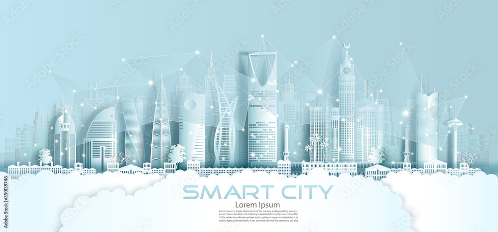 Fototapeta premium Technology wireless network communication smart city with architecture.