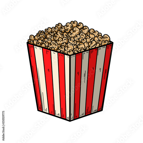 Set of Illustration of popcorn box in engraving style. Design element for logo, label, sign, poster, t shirt. Vector illustration