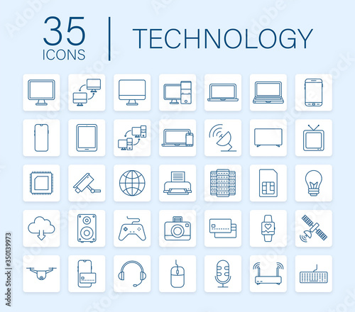 Technology icon on white background. Information technology. Digital communication. Device icon. Global network connection. Vector stock illustration.