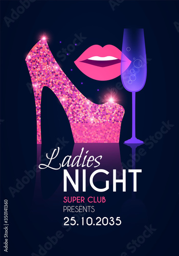 Ladies night glamour party flyer template with shoe, lips and champagne glass.