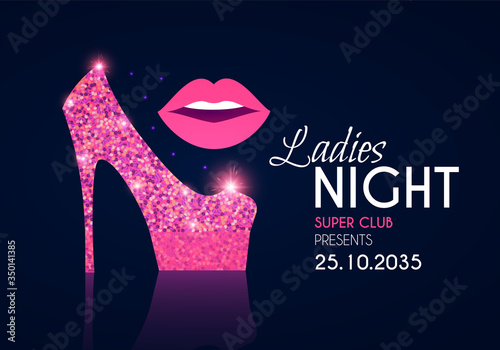 Ladies night glamour party flyer template with shoe and lips.