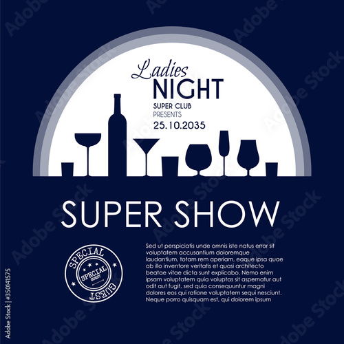 Ladies night party flyer template with cocktail glasses and moonlight.