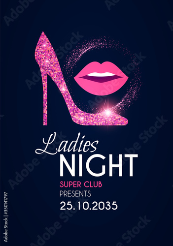 Ladies night glamour party flyer template with shoe and lips.