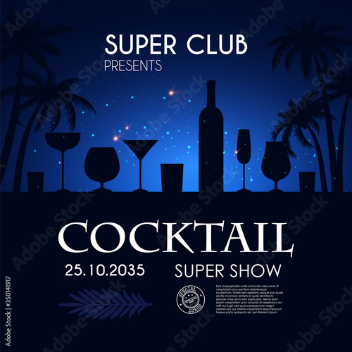 Cocktail party poster template with glasses, bottle, palms and stars.