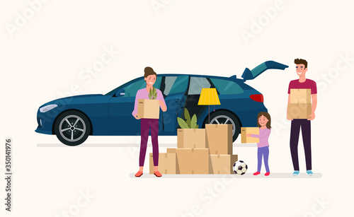 Man, woman  and girl hold boxes. Moving house. Station wagon car with open door.  Vector flat style illustration.