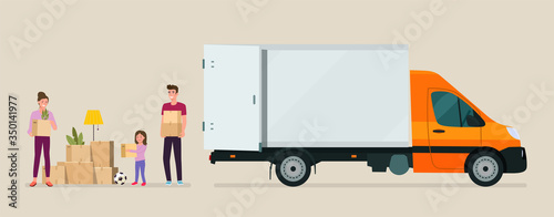 Man, woman  and girl hold boxes. Moving house. Cargo van with open door.  Vector flat style illustration.