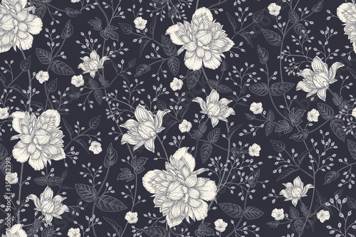 Beautiful blooming garden flowers clematis and decorative herbs. Black and white seamless pattern.