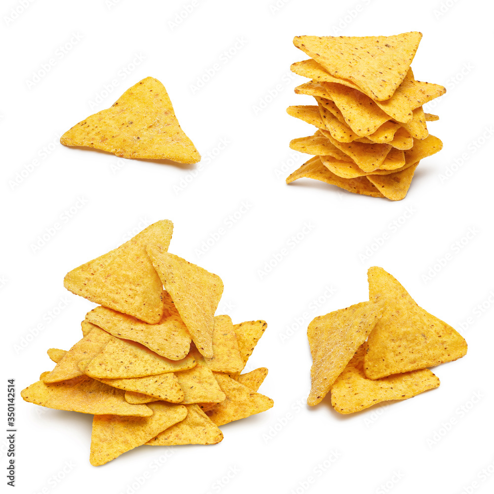 Heaps of delicious mexican nachos chips collection, isolated on white background