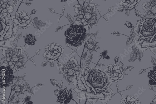 Seamless pattern. Beautiful blooming garden flowers roses and clematis.