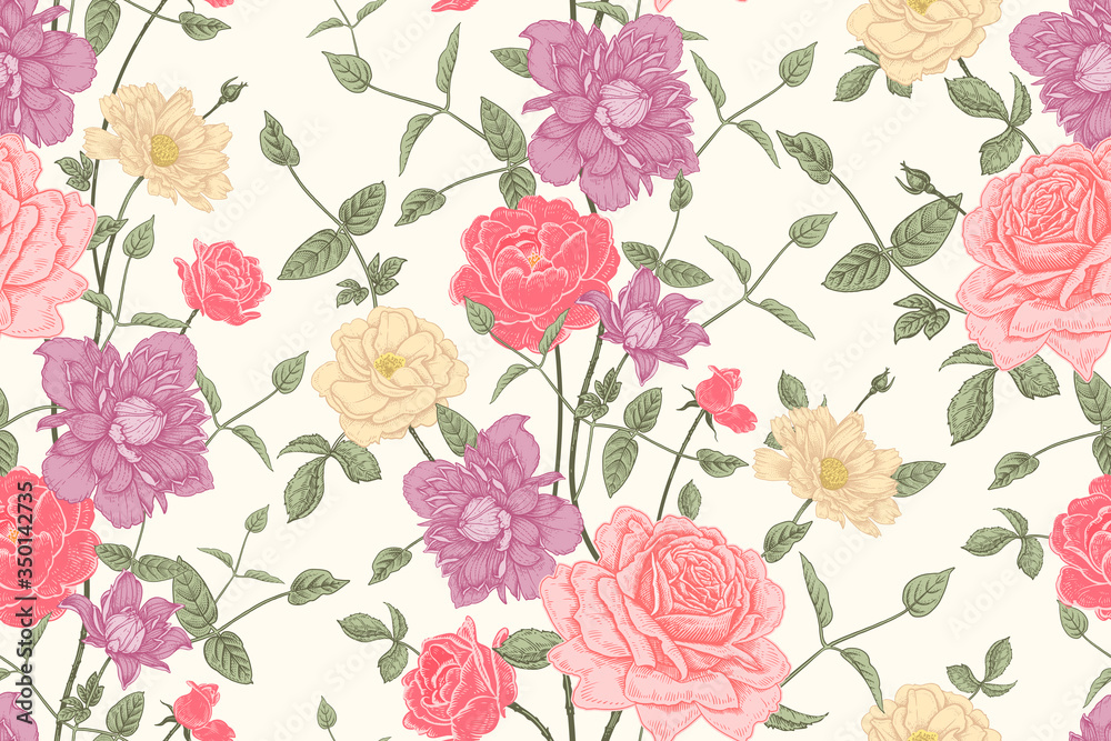Beautiful blooming garden flowers roses and clematis. Color seamless pattern.