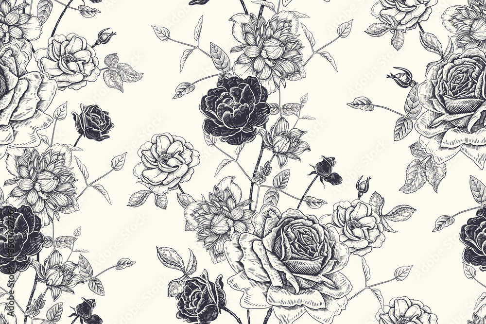 Fototapeta Beautiful blooming garden flowers roses and clematis. Black and white seamless pattern.