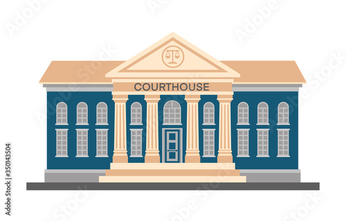 Front view of court house, bank, university or governmental institution. Public building with high columns and  doors. Flat style vector colorful illustration isolated on white background.