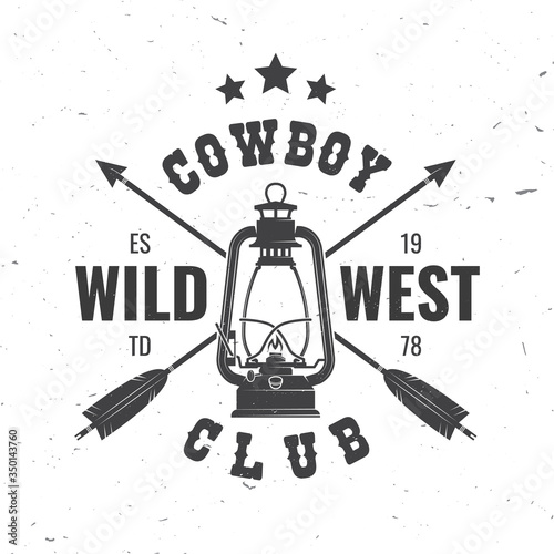 Wild west badge with indian arrow and lantern. Vector. Concept for shirt, logo, print, stamp, tee. Vintage typography design with arrow and lantern silhouette.