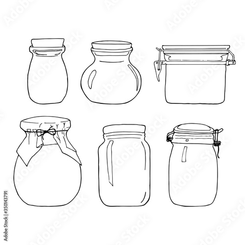 Hand drawn jar set. Contour sketch. Kitchen objects doodle style. Vector illustration isolated on white background. Alchemy and vintage.