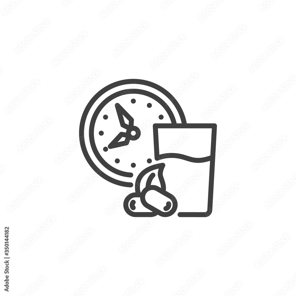 Iftar time line icon. linear style sign for mobile concept and web design. Clock with water glass and dates outline vector icon. Symbol, logo illustration. Vector graphics Iftar time line icon. linear style sign for mobile concept and web design. Clock with water glass and dates outline vector icon. Symbol, logo illustration. Vector graphics