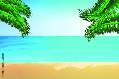 Summer view of the beach . Tropical background for summer holidays. Sea  sand  sky  plane  wave  sun  palm leaves. Stock vector illustration.