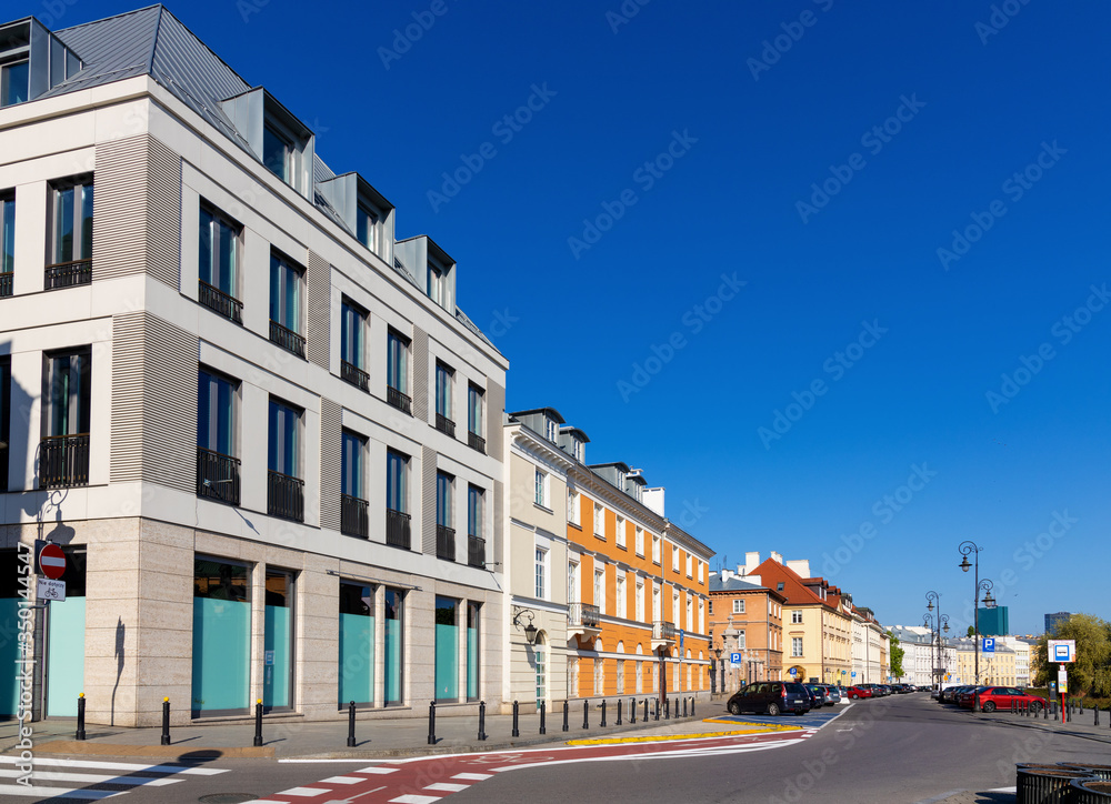 Panoramic view of Starowka Old Town quarter with new and renovated tenement houses along Podwale street in Warsaw, Poland