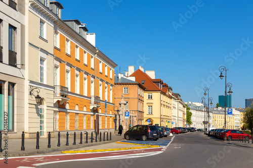 Panoramic view of Starowka Old Town quarter with new and renovated tenement houses along Podwale street in Warsaw, Poland