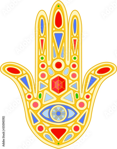 Fatima hand, security symbol, color image, gold jewelry with precious red and blue stones, rubies, sapphires, emeralds.