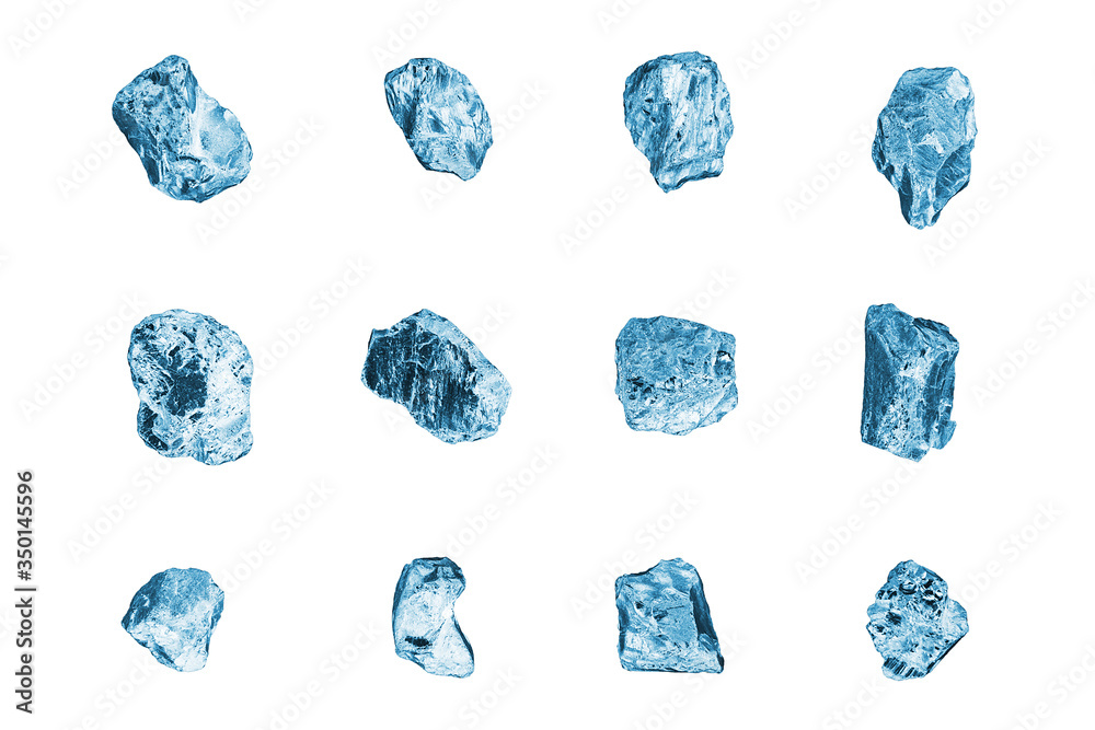 Blue gem stones white background isolated closeup, crushed ice cubes set, rough diamonds collection, raw brilliants texture, natural rocks nuggets, group of crystals, mineral samples, gemstone, jewel Blue gem stones white background isolated closeup, crushed ice cubes set, rough diamonds collection, raw brilliants texture, natural rocks nuggets, group of crystals, mineral samples, gemstone, jewel