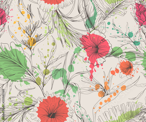 Seamless pattern with contour of tropical flowers and colorful spots