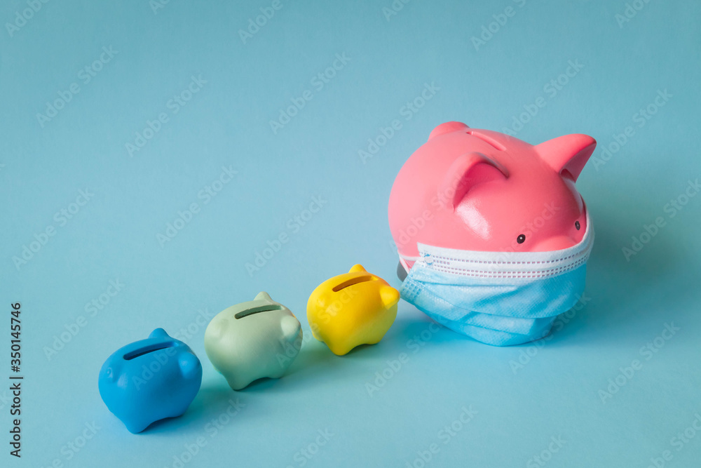 Piggy bank with protective facemask and following piglet banks on isolated background Piggy bank with protective facemask and following piglet banks on isolated background